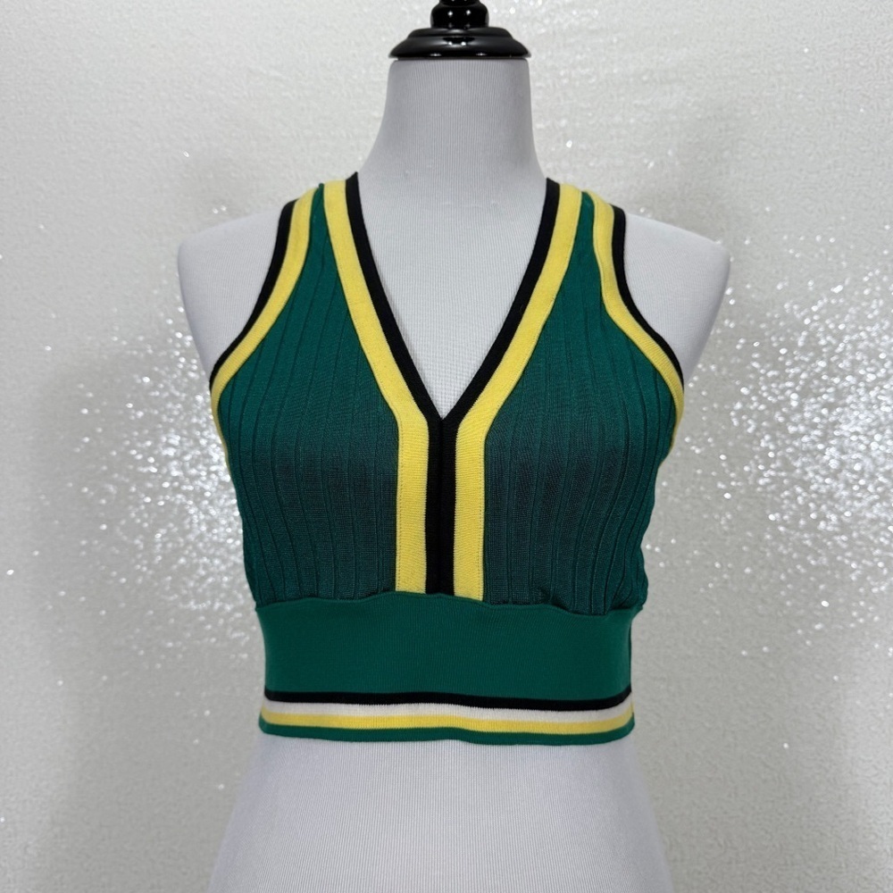 Urban Outfitters Green Ribbed Crop Tank Top Large Racerback Athletic Stripe